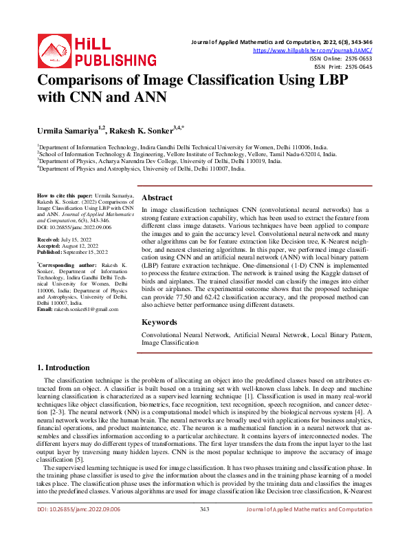 (PDF) Comparisons of Image Classification Using LBP with CNN and ANN