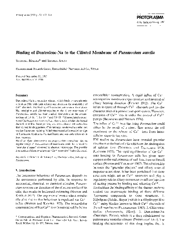 (PDF) Binding of dantroleneNa to the ciliated membrane ofParamecium
