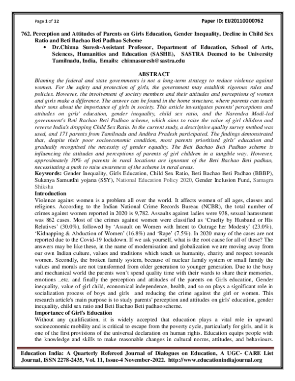 (PDF) Perception and Attitudes of Parents on Girls Education, Gender ...
