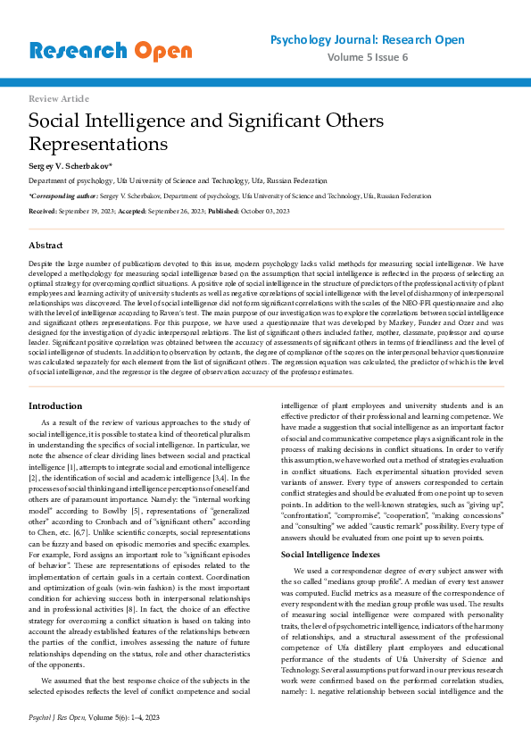 (PDF) Social intelligence and significant others representations