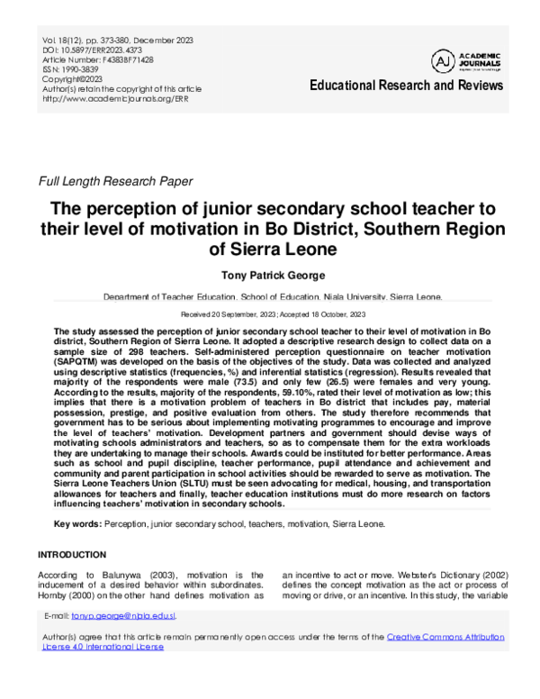 (PDF) The perception of junior secondary school teacher to their level ...