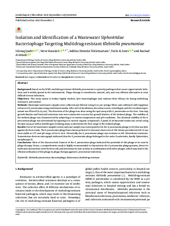 (PDF) Isolation and Identification of a Wastewater Siphoviridae