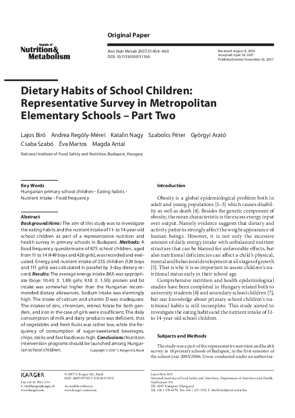 (PDF) Dietary Habits of School Children: Representative Survey in ...
