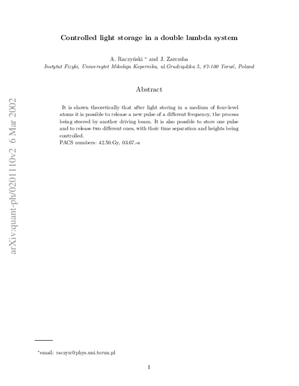 (PDF) Controlled light storage in a double lambda system