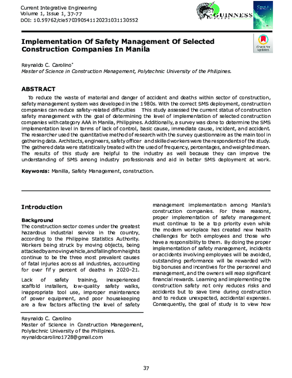 (PDF) Implementation Of Safety Management Of Selected Construction ...