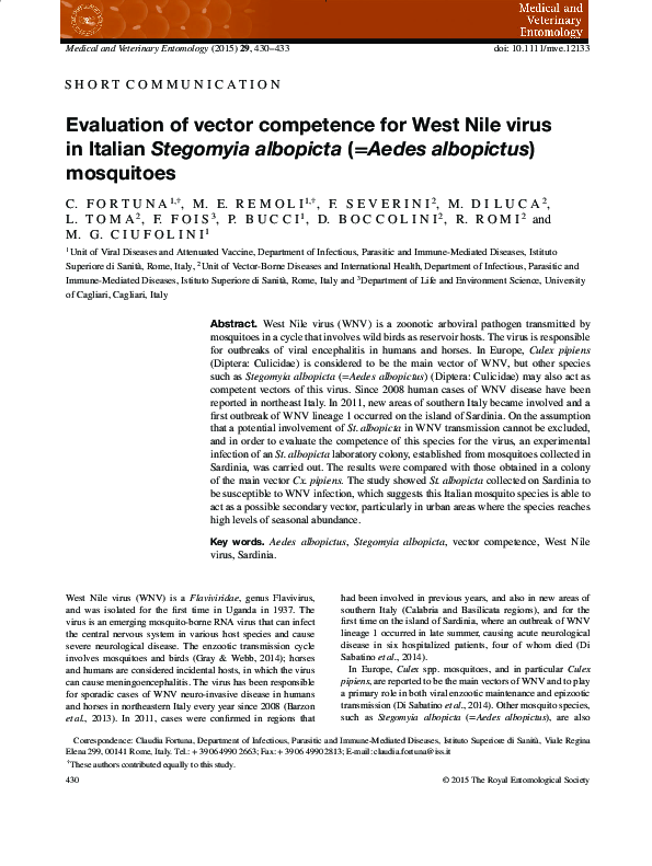 (PDF) Evaluation of vector competence for West Nile virus in ...