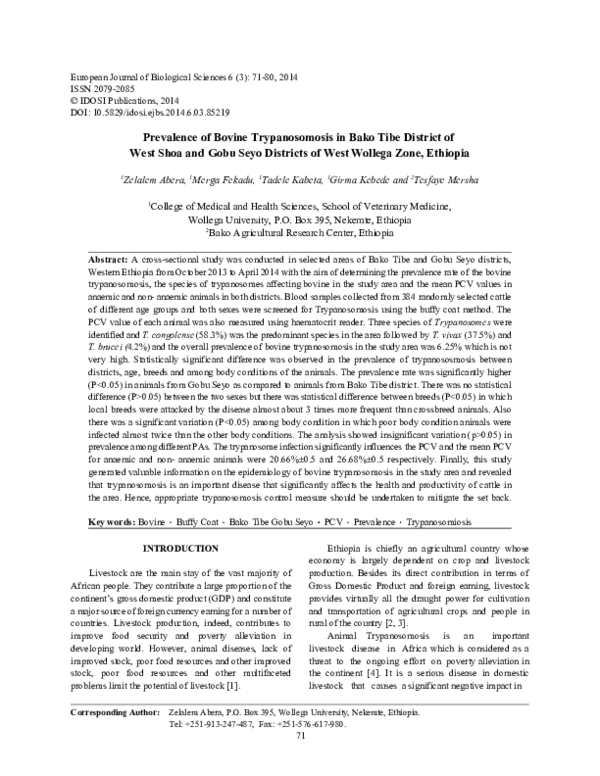 (PDF) Prevalence of Bovine Trypanosomosis in Bako Tibe District of West