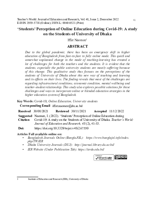 (PDF) Students' Perception of Online Education during Covid-19: A study ...