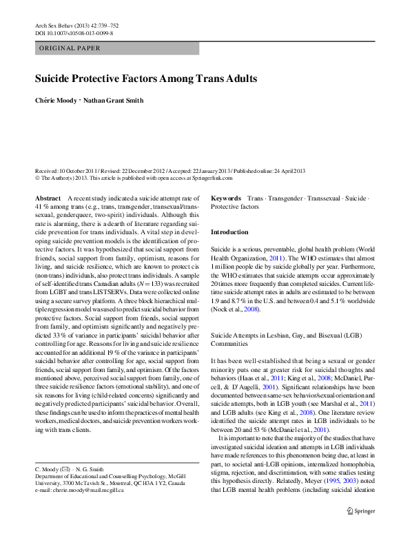 (PDF) Suicide Protective Factors Among Trans Adults