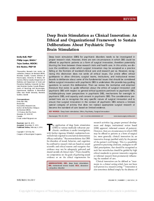 (PDF) Deep Brain Stimulation as Clinical Innovation