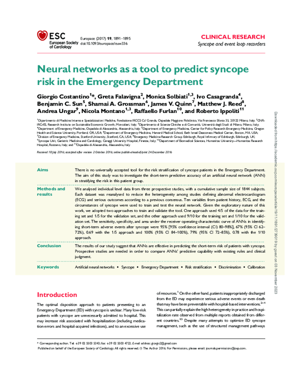 (PDF) Neural networks as a tool to predict syncope risk in the ...