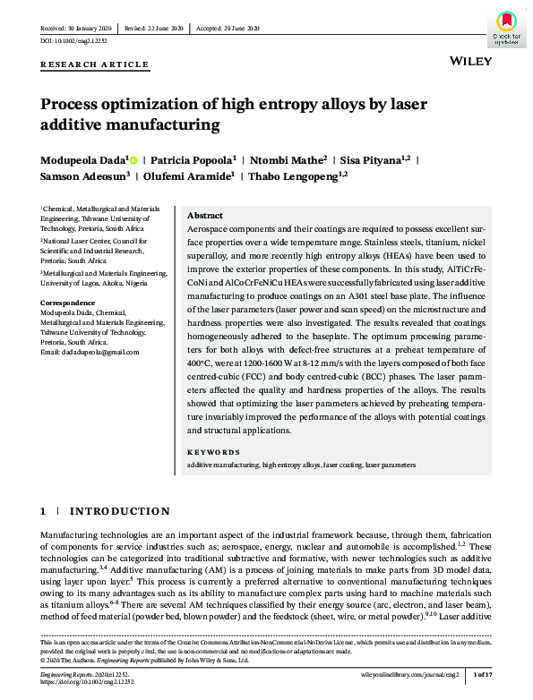 (PDF) Process Optimization of High Entropy Alloys by Laser Additive ...