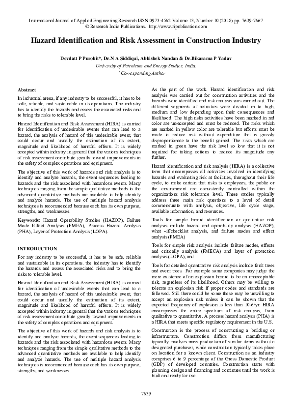 (PDF) Hazard Identification and Risk Assessment in Construction Industry