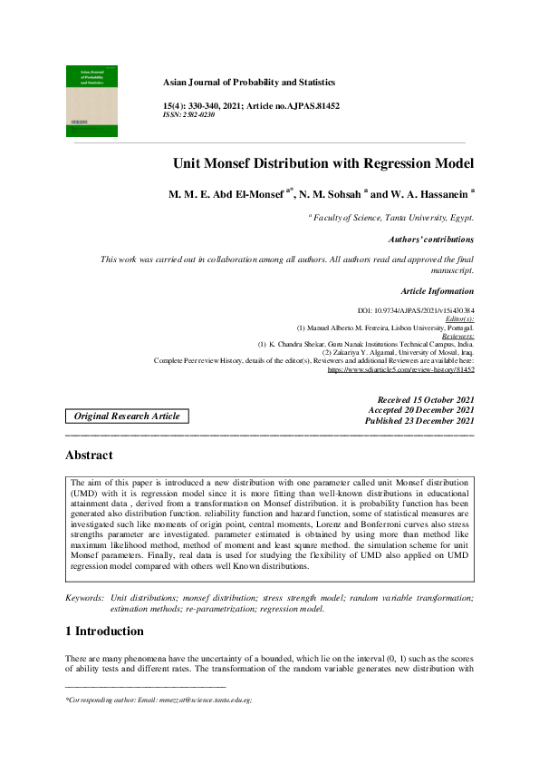 (PDF) Unit Monsef Distribution with Regression Model