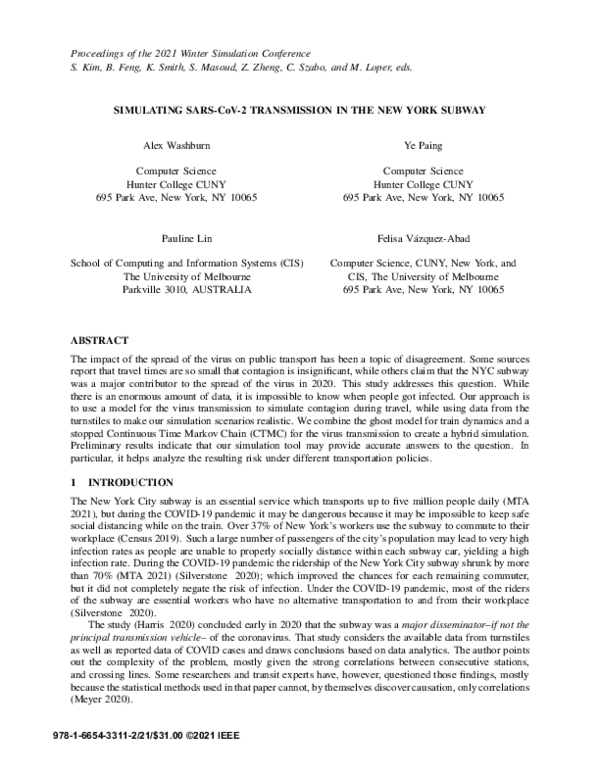 (PDF) Simulating Sars-CoV-2 Transmission in the New York Subway