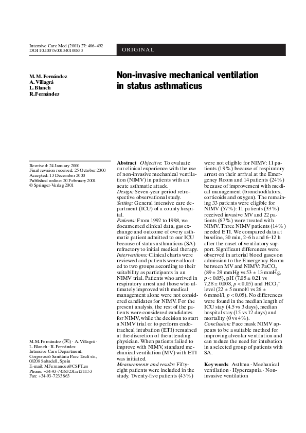 (PDF) Noninvasive mechanical ventilation in status asthmaticus