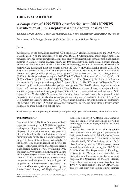 (PDF) Comparing WHO and ISN/RPS Lupus Nephritis Classifications