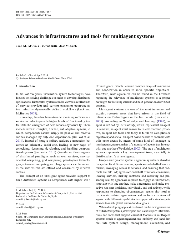 (PDF) Advances in infrastructures and tools for multiagent systems