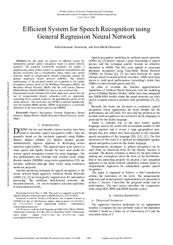 (PDF) Efficient System For Speech Recognition Using General Regression ...