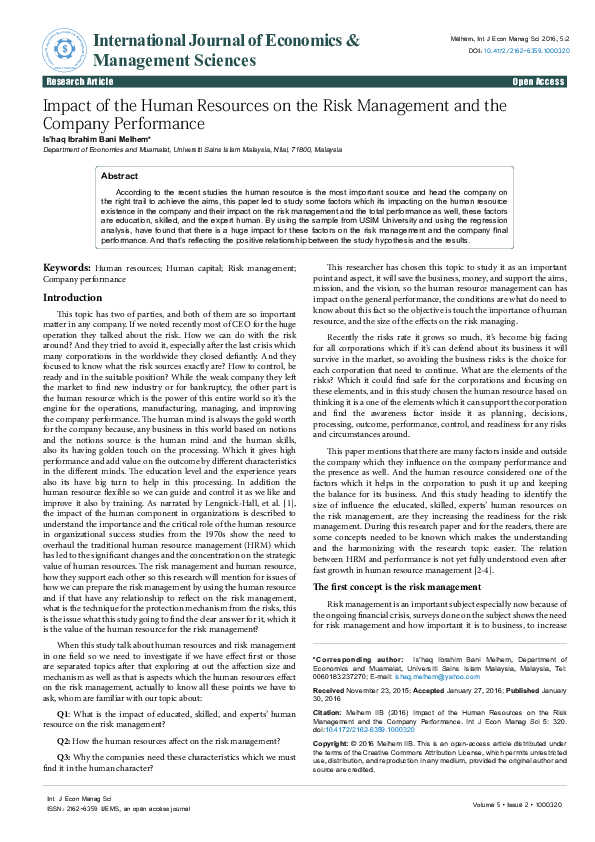 (PDF) Impact of the Human Resources on the Risk Management and the ...