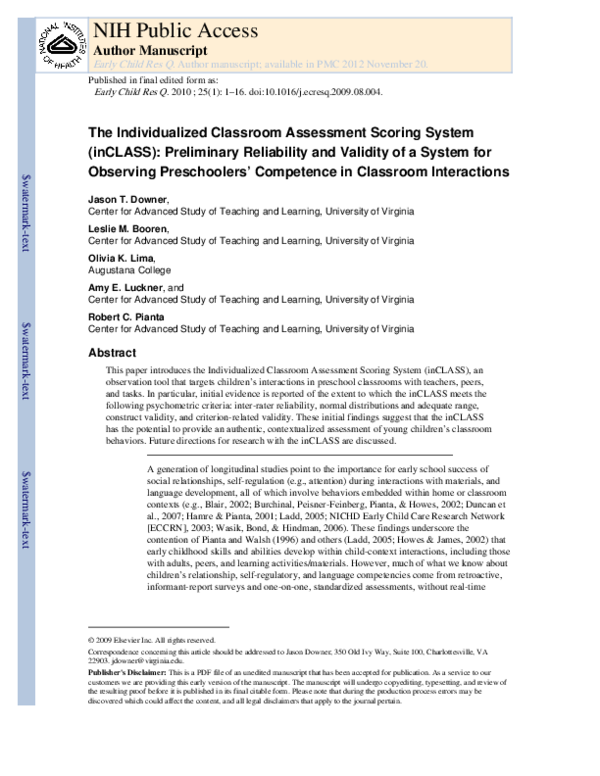 (PDF) The Individualized Classroom Assessment Scoring System (inCLASS ...
