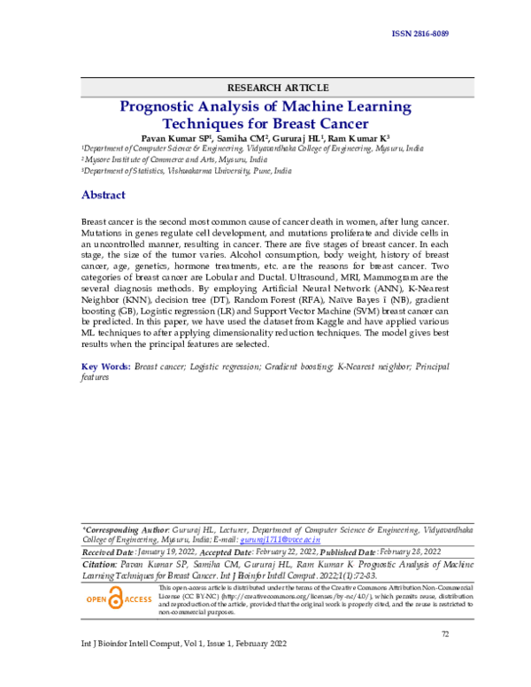 (PDF) Prognostic Analysis of Machine Learning Techniques for Breast Cancer