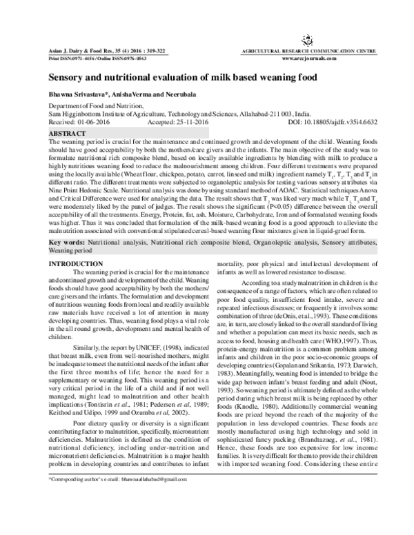 (PDF) Sensory and nutritional evaluation of milk based weaning food