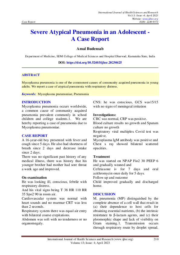 (PDF) Severe Atypical Pneumonia in an Adolescent -A Case Report