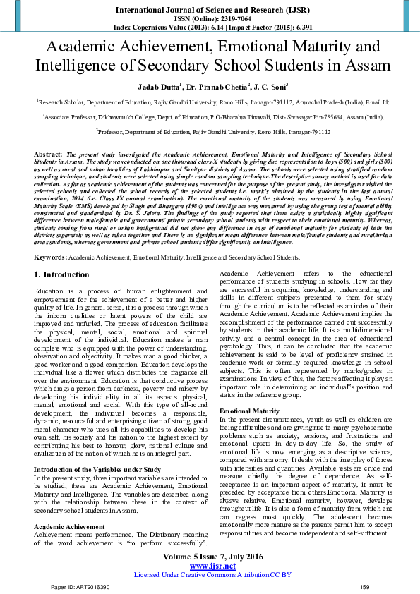 (PDF) Academic achievement emotional maturity and intelligence of ...