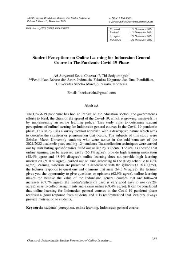 (PDF) Student Perceptions on Online Learning for Indonesian General ...