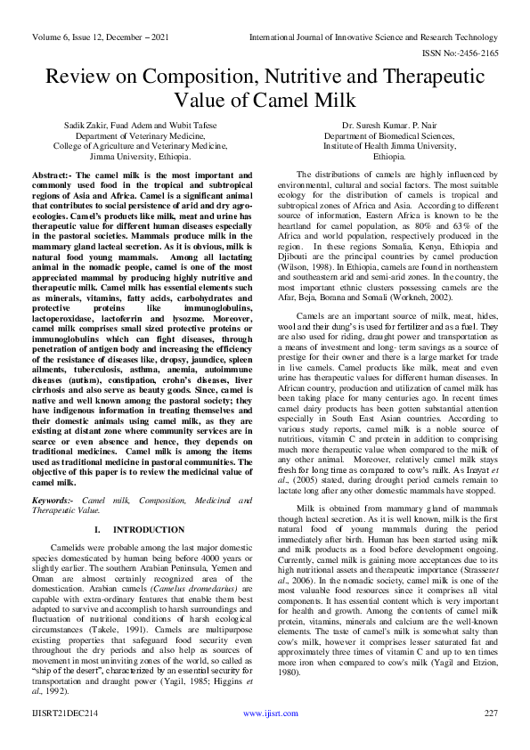 (PDF) Review on Composition, Nutritive and Therapeutic Value of Camel Milk