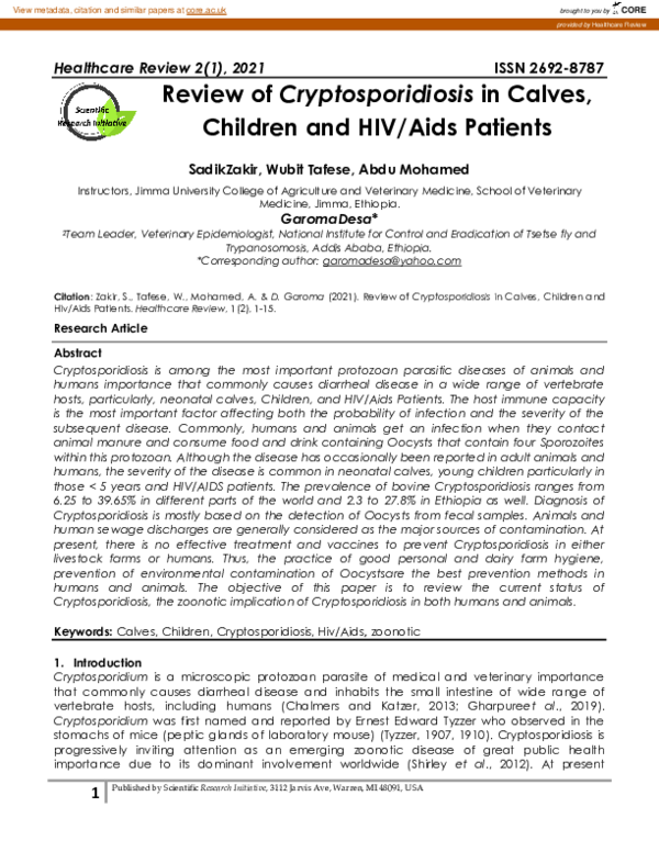(PDF) Review of Cryptosporidiosis in Calves, Children and Hiv/Aids Patients