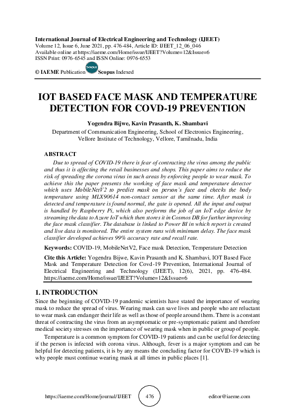 (PDF) IOT BASED FACE MASK AND TEMPERATURE DETECTION FOR COVD-19 PREVENTION