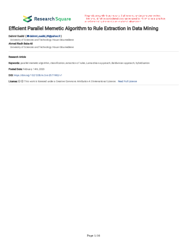 (PDF) Efficient Parallel Memetic Algorithm to Rule Extraction in Data ...
