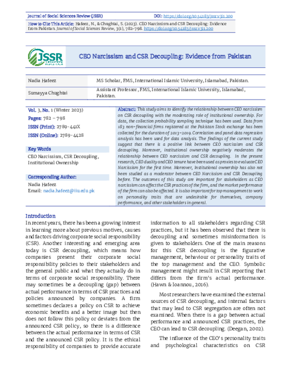 (PDF) CEO Narcissism and CSR Decoupling: Evidence from Pakistan