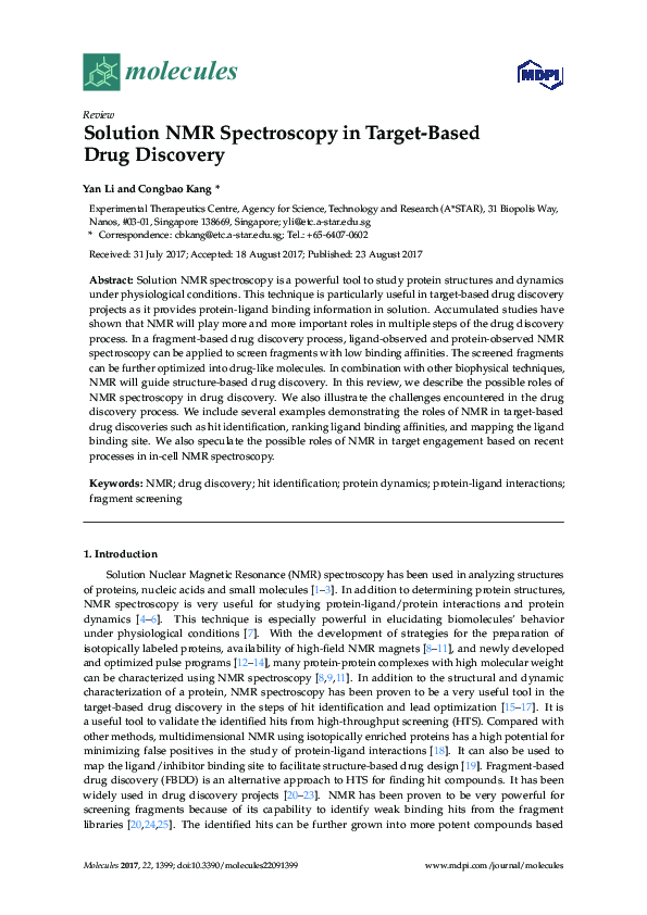 (PDF) Solution NMR Spectroscopy in Target-Based Drug Discovery