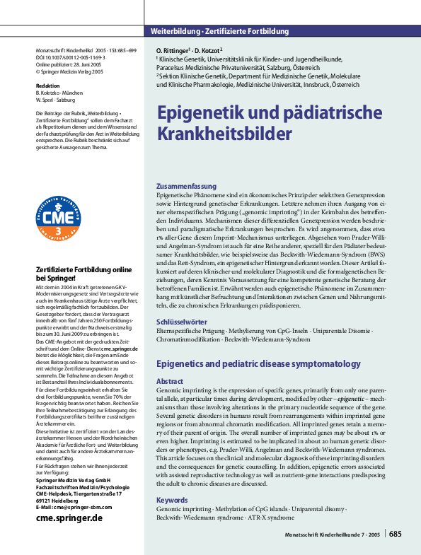(PDF) Epigenetik und pädiatrische Krankheitsbilder