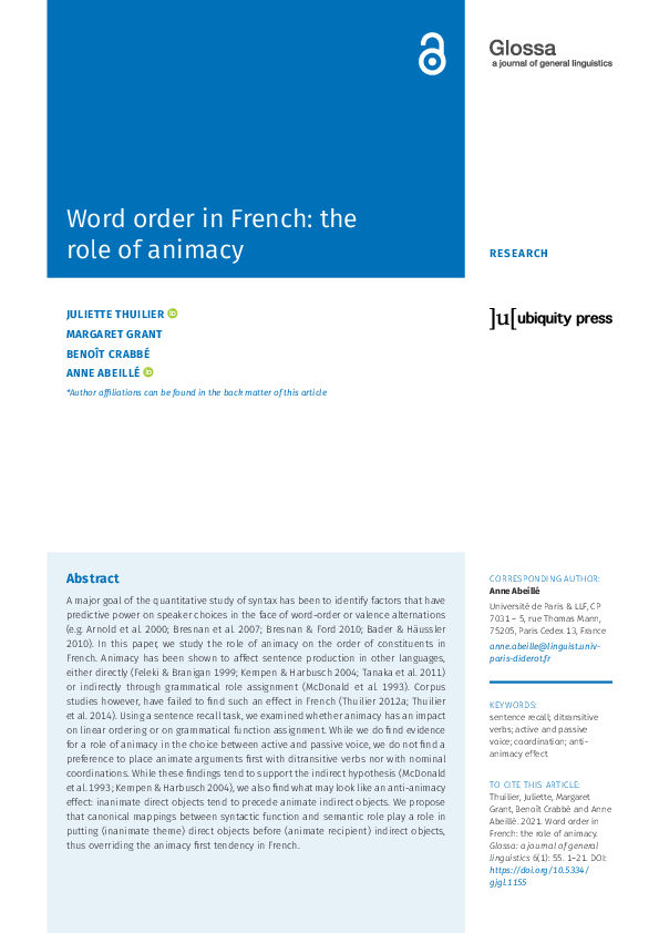 (PDF) Word order in French: the role of animacy