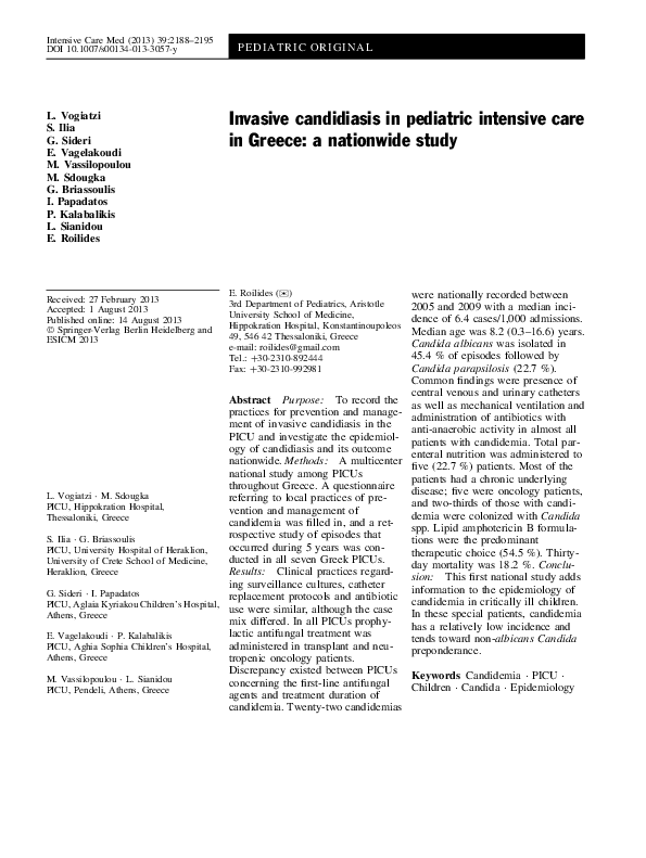 (PDF) Invasive candidiasis in pediatric intensive care in Greece: a ...