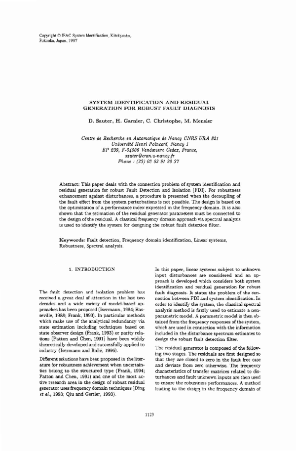 (PDF) System Identification and Residual Generation for Robust Fault ...