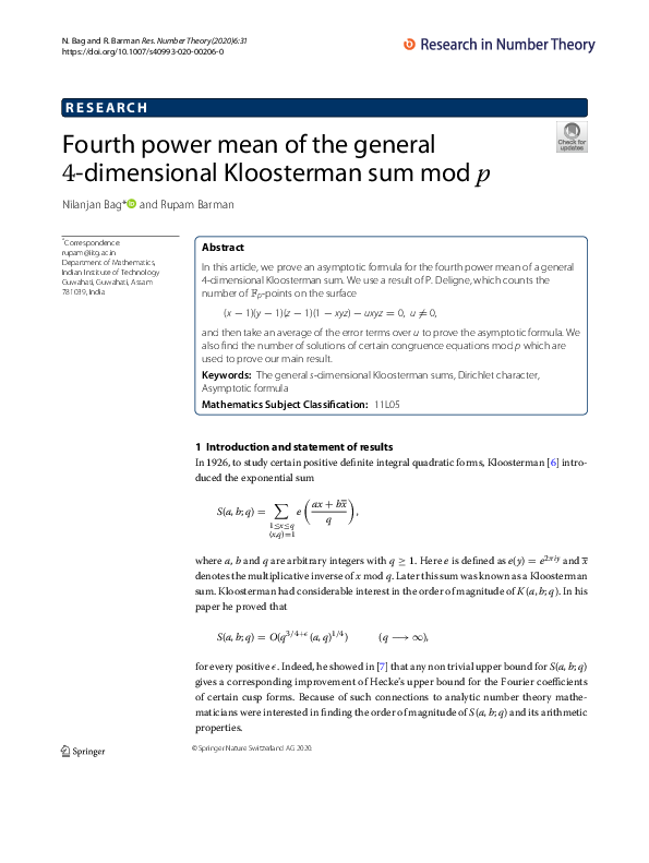 (PDF) Fourth power mean of the general 4-dimensional Kloosterman sum mod p
