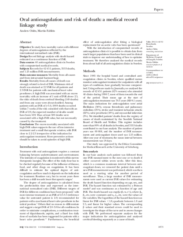 (PDF) Oral anticoagulation and risk of death: a medical record linkage ...