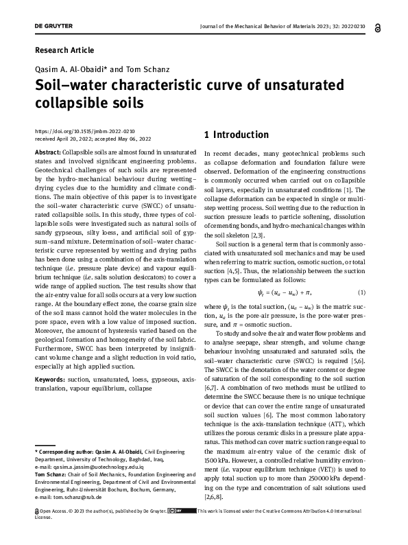 (PDF) Soil–water characteristic curve of unsaturated collapsible soils