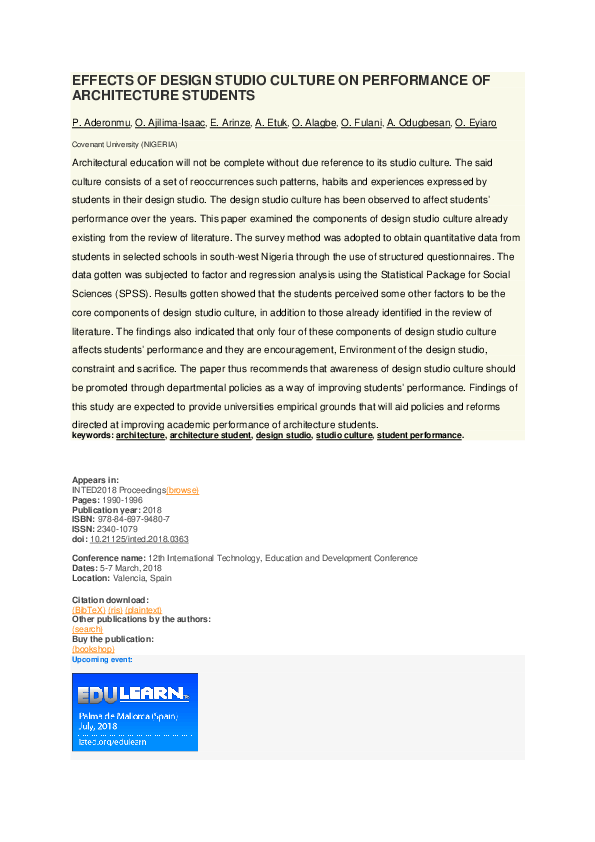 (PDF) Effects of Design Studio Culture on Performance of Architecture ...