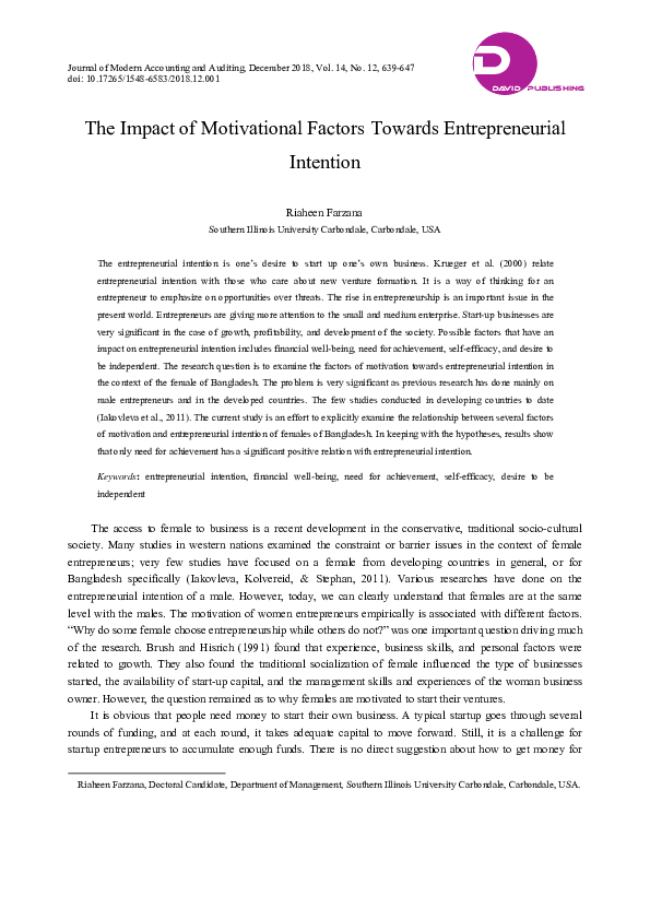(PDF) The Impact of Motivational Factors Towards Entrepreneurial Intention