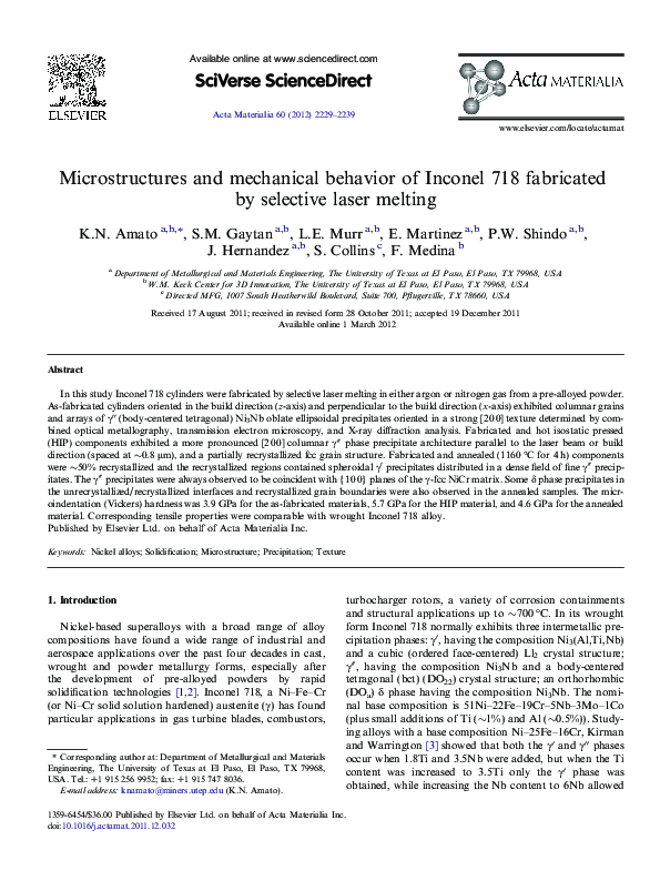 (PDF) Microstructures and mechanical behavior of Inconel 718 fabricated ...