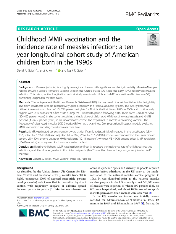(PDF) Childhood MMR Vaccination and the Incidence Rate of Measles Infection
