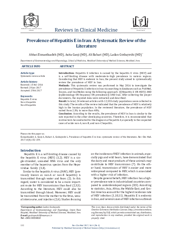 (PDF) Prevalence of Hepatitis E in Iran: A Systematic Review of the ...