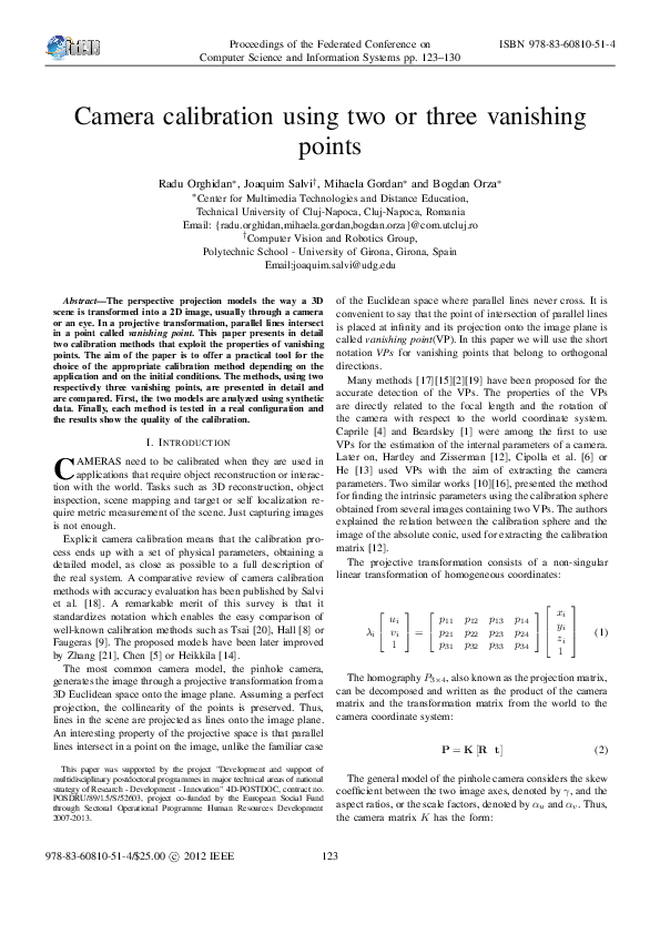 (PDF) Camera calibration using two or three vanishing points