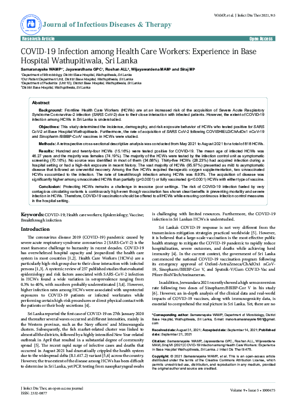 (PDF) COVID-19 Infection among Health Care Workers: Experience in Base ...